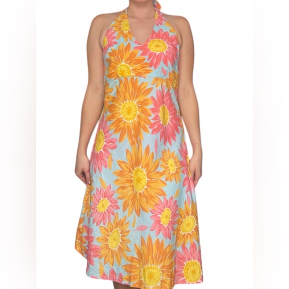 Liz Claiborne 100% linen Floral Midi Dress, halter top- Orange and Pink, Size 10 - Picture 12 of 12